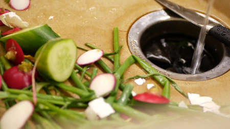 Organic garbage in sink with built-in food waste disposer. vegetable or fruits peels, remains and...