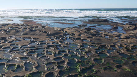 Eroded rock formation, tide pool in La Jolla, California coast, USA. Littoral intertidal zone erosion, unusual relief shape of tidepool. Water in cavity, hollows and holes on stone surface, low tide.の写真素材
