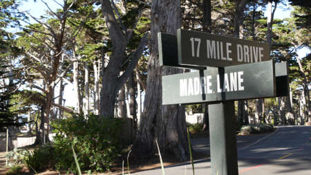 Scenic 17-mile drive wooden road sign, Monterey peninsula, Big Sur, California, USA. Coastal...