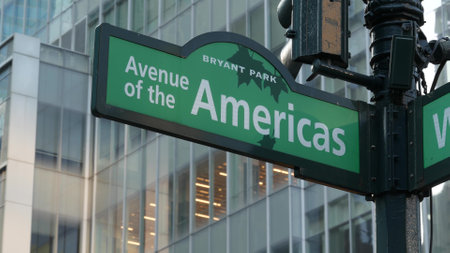 New York City crossroad, street intersection green road sign. 6 Sixth ave, Americas avenue corner, Midtown business district, United States. Highrise skyscraper architecture, Bryant park text roadsignの写真素材
