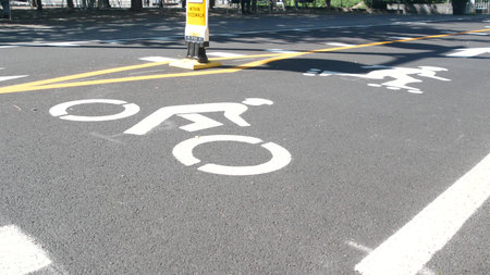Bike lane asphalt sign, New York City. Bicycle path, cycle route for bicyclists, Manhattan. Way for...