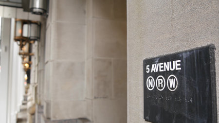 New York subway sign, 5 avenue underground metro station. Metropolitan entrance, fifth ave public...