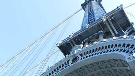 Manhattan Bridge to Brooklyn Dumbo. New York City symbol, USA travel destination. Architecture of...