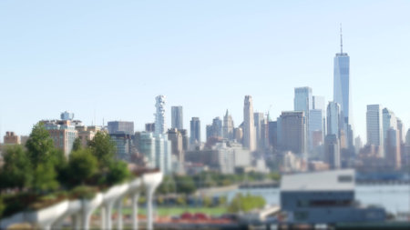 New York City Little Island park on Hudson River. Manhattan downtown Financial District skyline cityscape. American urban buildings architecture. World Trade Center skyscraper, USA. NYC Freedom Tower.の写真素材
