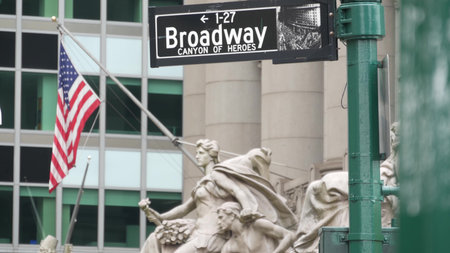 Broadway street road sign, Manhattan downtown financial district architecture, New York City. Traffic signage. American flag on Alexander Hamilton U.S. Custom House, erected 1907. Canyon of Heroes.の写真素材