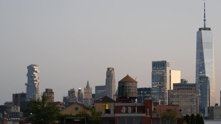 New York City Manhattan downtown skyline cityscape. Financial district rooftop view from Chelsea,...