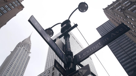 New York City crossroad, street intersection road sign on post. Chrysler building, Midtown district, Lex av, NYC, United States. Highrise skyscraper architecture, Lexington avenue corner text roadsignの写真素材