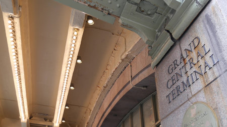 New York City Grand Central Terminal sign. Underground metro, subway station. GCT metropolitan entrance, public passenger transport exit. Railroad, United States railway. Manhattan midtown, 42 street.の写真素材