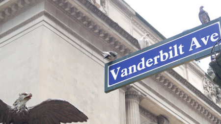 New York City Grand Central Terminal, Vanderbilt intersection road sign. 42 street corner, Park...