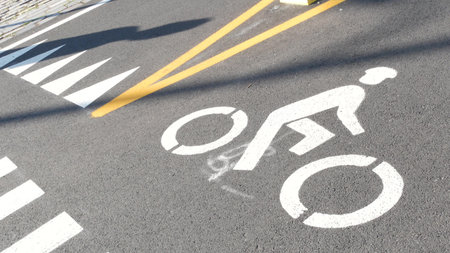 Bike lane asphalt sign, New York City. Bicycle path, cycle route for bicyclists, Manhattan. Way for...