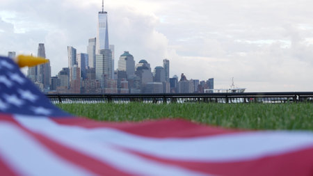 New York City waterfront skyline, Manhattan Downtown World Trade Center skyscraper. Cityscape from New Jersey, United States. Independence and Remembrance symbol. Windの写真素材