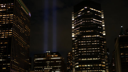 Tribute in Light, Manhattan from East river on September 11 Memorial Day. New York City downtown...