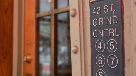 New York City subway sign, Grand Central Terminal underground metro station. GCT metropolitan entrance, public passenger transport exit. Railroad, United States railway. Manhattan midtown, 42 street.の写真素材