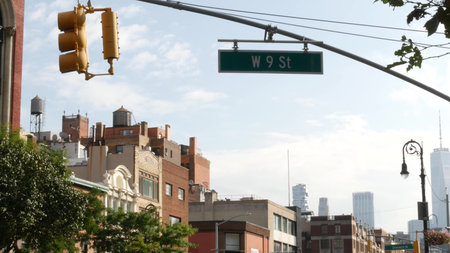 New York City crossroad, Manhattan, 6 ave, Sixth avenue, street intersection road sign. Midtown,...