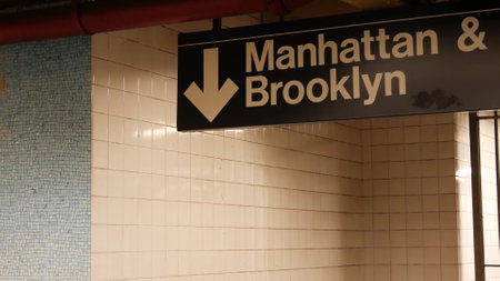 New York subway station interior, Manhattan text sign. Underground metropolitan. United States metro...