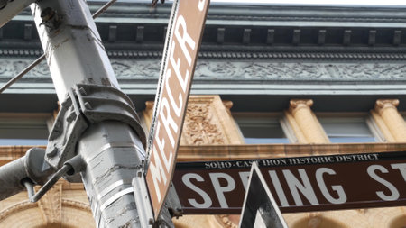 New York City Manhattan Soho fashion district near Broadway street. USA urban building facade, old classic american architecture. Shopping in NYC, United States. Business and residential real estate.の写真素材