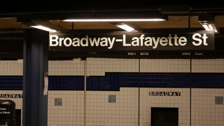 New York City subway station, underground metropolitan platform sign. Metro railway train, passenger public transport, wall tiles. Text signage: Broadway. NYC Midtown, Manhattan traffic. United Statesの写真素材