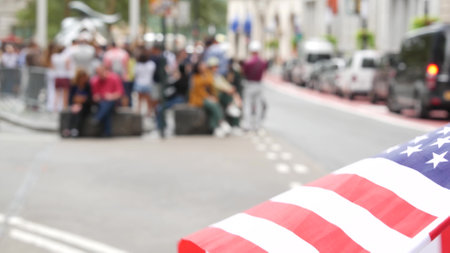 New York City Charging Bull, Wall street Stock Exchange symbol in USA. Lower Manhattan Downtown Financial District, United States. American Flag on Broadway street. Defocused tourist people. Landmark.の写真素材