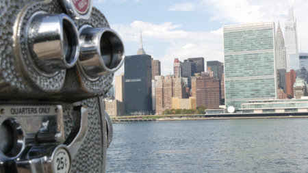 New York City waterfront skyline, Manhattan Midtown buildings, riverfront skyscrapers by East river water. Waterside cityscape, tower viewer, Gantry Plaza. Long Island, Queens. United States tourism.の写真素材