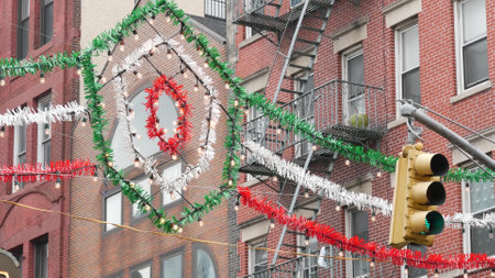 New York City Little Italy ethnical district decoration. Manhattan classic red brick building architecture. Italian decor and residential houses near Grand and Mulberry street. American immigration.の写真素材