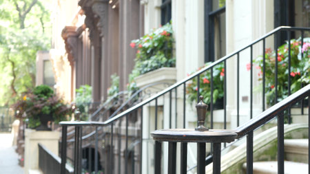 New York City townhouse building, Brooklyn Heights residential district, USA. Brownstone urban architecture, attached house. United States real estate, american property, apartments and homes in NYC.の写真素材