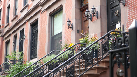 New York City townhouse building, Brooklyn Heights residential district, USA. Brownstone urban architecture, attached house. United States real estate, american property, apartments and homes in NYC.の写真素材
