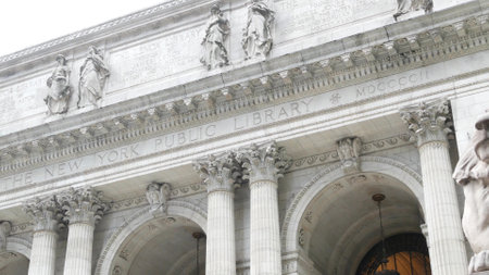 New York City, Manhattan Midtown Bryant Park. Public library building architecture, 42 street and...