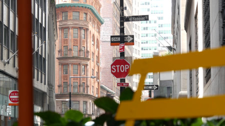 New York City Lower Manhattan, Downtown Financial District architecture, United States. Building, William street, Beaver street corner, USA. American urban street, red brick house.の写真素材