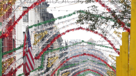 New York City Little Italy ethnical district decoration. Manhattan classic red brick building...