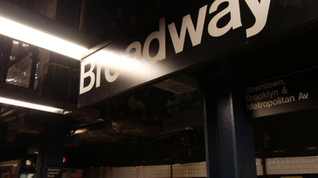 New York City subway station interior, underground metropolitan platform sign. Metro railway train, passenger public transport, United States. Text signboard: Broadway. NYC Midtown, Manhattan traffic.の写真素材