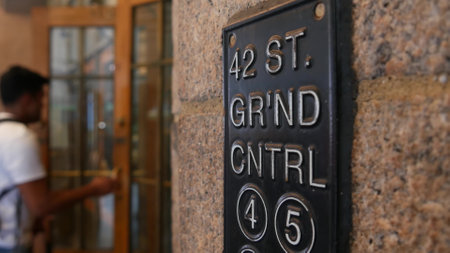 New York City subway sign, Grand Central Terminal underground metro station. GCT metropolitan entrance, public passenger transport exit. Railroad, United States railway. Manhattan midtown, 42 street.の写真素材