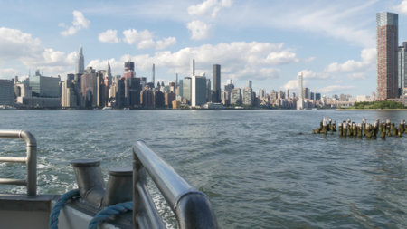 New York City skyline from ferry boat. Manhattan midtown highrise skyscrapers from ferryboat. East river waterfront panorama, riverfront architecture near water, USA. Chrysler Building. Blue sky.の写真素材