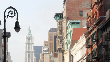 New York City Manhattan Soho fashion district, Broadway street. USA urban old american architecture. Shopping in NYC, United States. Business and residential real estate. Woolworth building. Lanternの写真素材