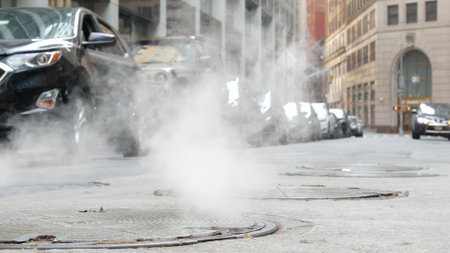 Hot smoke from manhole, Con Edisons Steam system in New York City, United States. Vapor from road on Beaver Street, NYC Downtown Financial District, Lower Manhattan, USA. Urban scene, low angle. Carsの写真素材