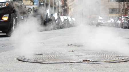 Hot smoke from manhole, Steam system in New York City, United States. Vapor from road on Beaver Street, NYC Downtown Financial District, Lower Manhattan, USA. Urban scene, low angle. Carsの写真素材