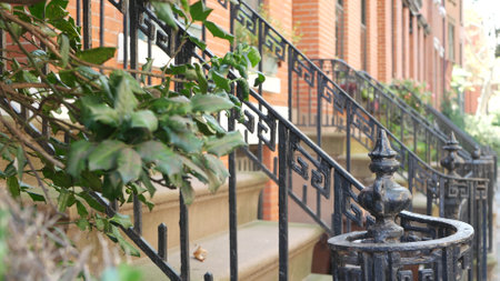 New York City townhouse building, Brooklyn Heights residential district, USA. Brownstone urban architecture, attached house. United States real estate, american property, apartments and homes in NYC.の写真素材
