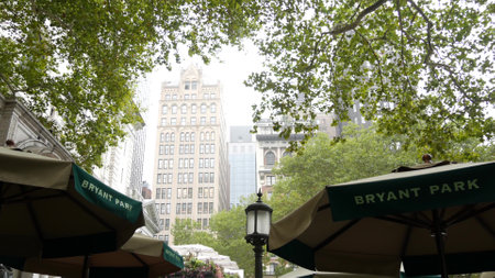 New York City, Manhattan Midtown Bryant Park with Public library, 42 street and 5th Fifth 5 avenue...