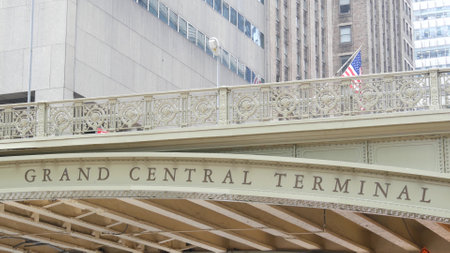 New York City Grand Central Terminal, 42 street, Park Avenue, Pershing Square bridge architecture. Midtown district railroad hub, railway transport. NYC crossroad, East 42nd st. road intersection.の写真素材