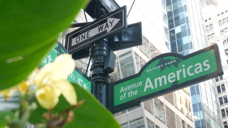 New York City crossroad, street intersection green road sign. 6 Sixth ave, Americas avenue corner,...