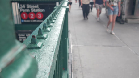 New York City subway sign, underground metro station. Metropolitan entrance green fence, Manhattan...