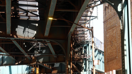 New York elevated subway, metropolitan bridge, metro track above street. Railway transport over...