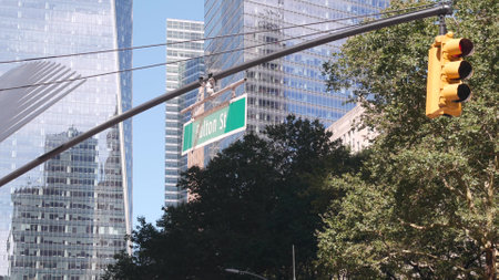 New York City crossroad, Fulton street intersection road sign. World Trade Center skyscraper,...