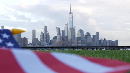 New York City waterfront skyline, Manhattan Downtown World Trade Center skyscraper. Cityscape from...