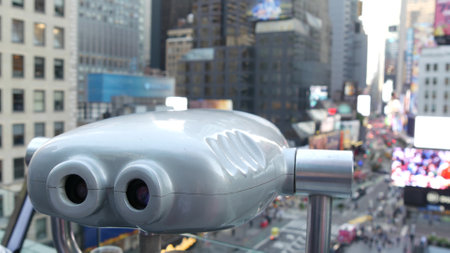 New York City Times Square, Manhattan Midtown Broadway street, USA. American NYC urban life. Road traffic, people from above. Commercial billboard screens. Tower viewer binoculars, tourist viewpoint.の写真素材