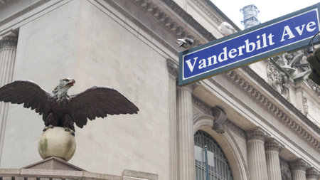 New York City Grand Central Terminal, Vanderbilt intersection road sign. 42 street corner, Park Avenue, Pershing Square architecture, iron eagle. Midtown railroad hub, railway transport. NYC crossroadの写真素材
