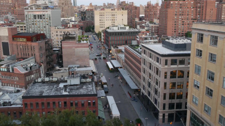 New York City Manhattan skyline cityscape. Rooftop view point, residential district buildings roofs....