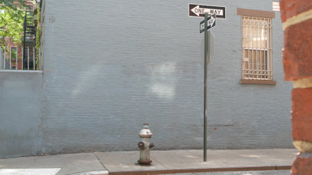 New York City oneway crossroad, Minetta street intersection one way arrow road sign. Manhattan Greenwich Village residential building architecture, NYC, United States. Blue brick wall, fire hydrant.の写真素材
