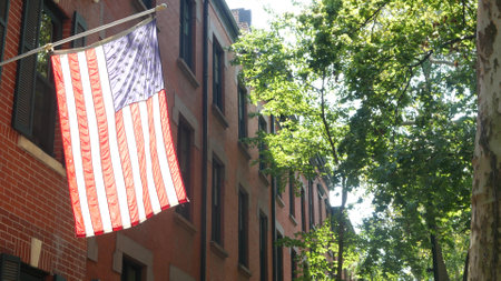 New York City townhouse building, Brooklyn Heights residential district, USA. Brownstone urban architecture, attached house. United States real estate, property, apartments and homes in NYC.の写真素材