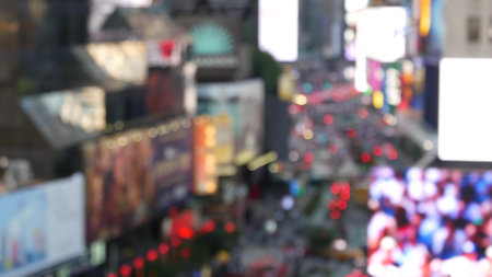 New York City Times Square, Manhattan Midtown Broadway street, USA. American NYC urban life. Road traffic, people from above. Advertising signs, commercial ads, illuminated billboard screens glowing.のeditorial素材