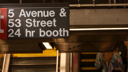 New York subway station interior, 5 avenue text sign. Manhattan underground metropolitan. United...